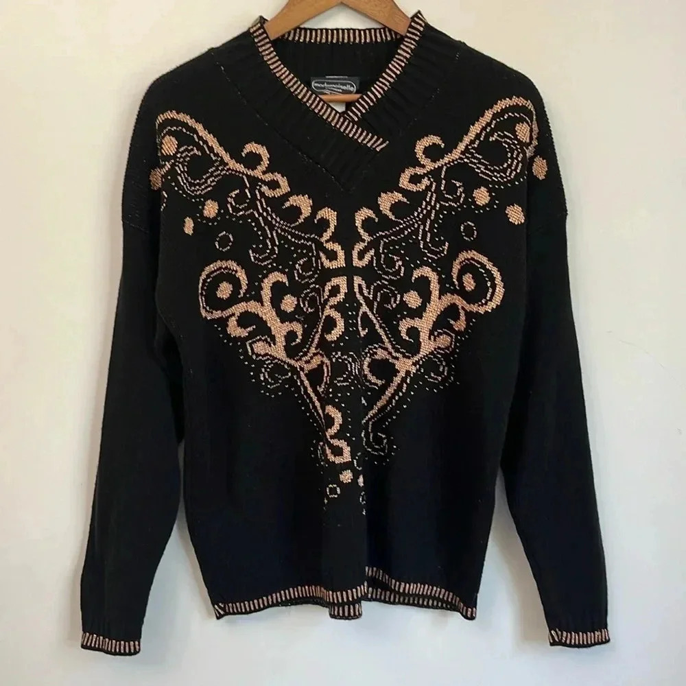 Women’s Knit Sweater V Neck Ribbed Vintage Mademoiselle Made USA Black Size L